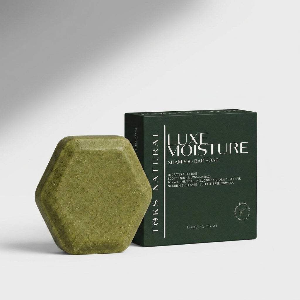 toks natural green shampoo bar next to its packaging on a gray background
