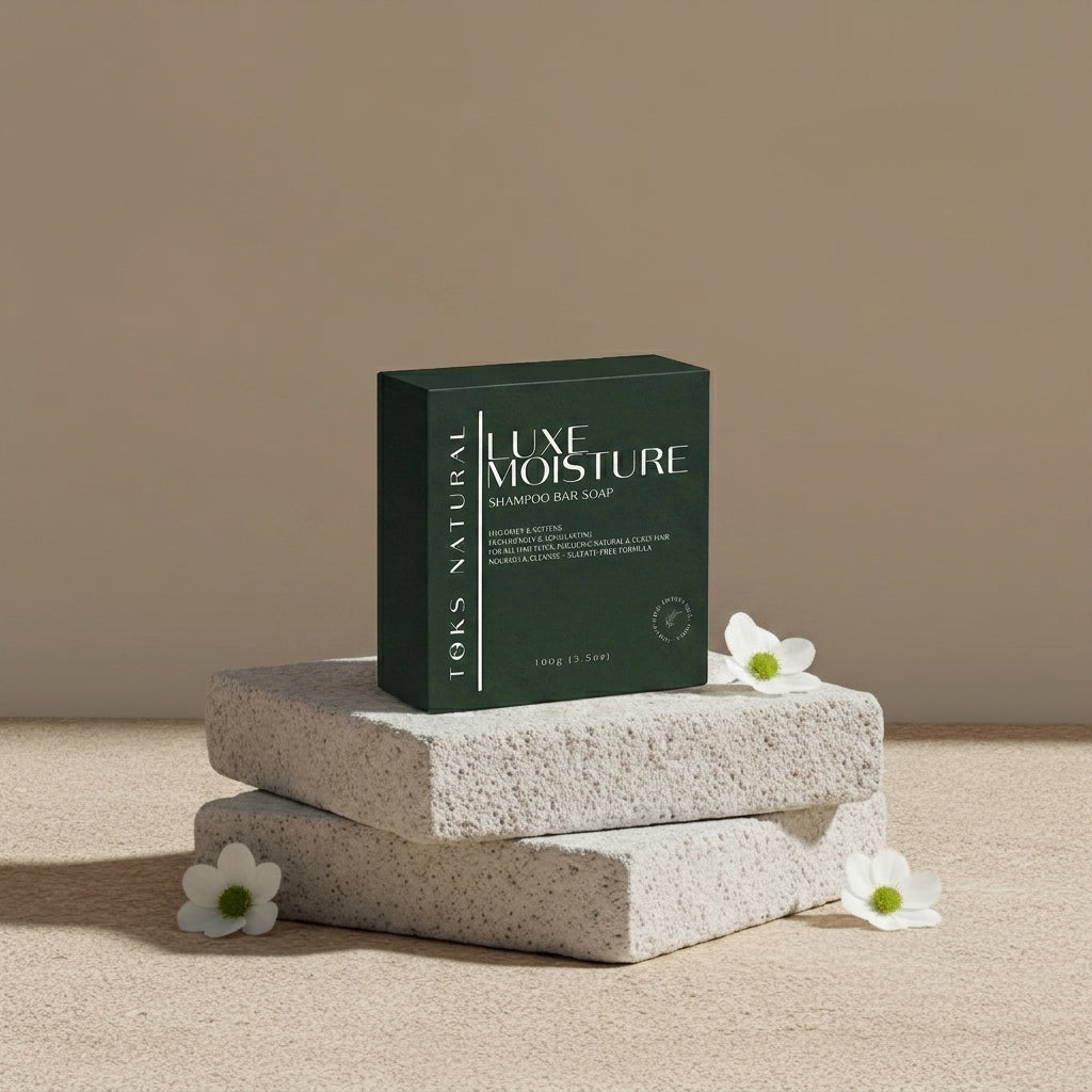 Luxe Moisture shampoo bar soap packaging on a stone surface with flowers.
