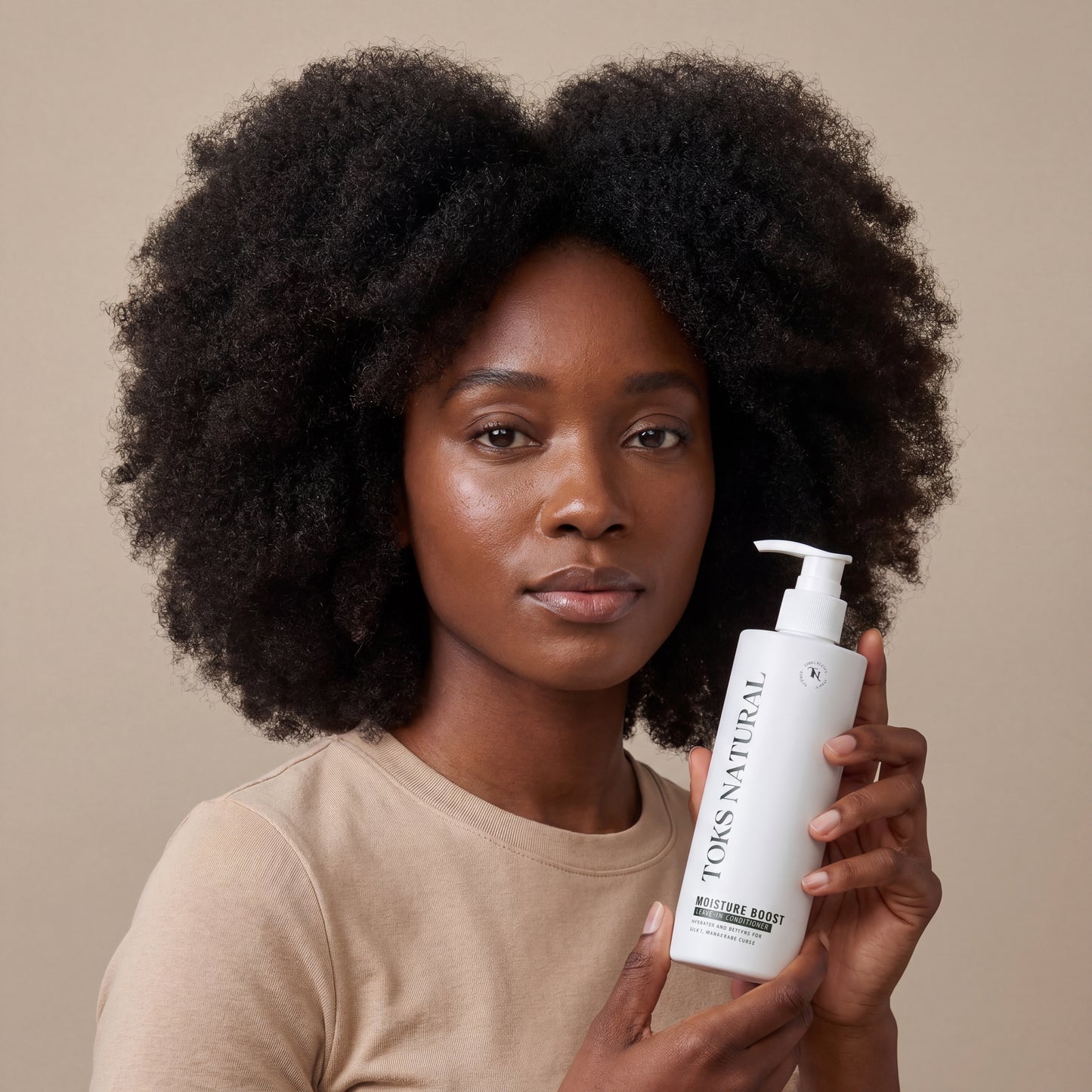 Woman holding a bottle of Toks Naturals product against a beige background