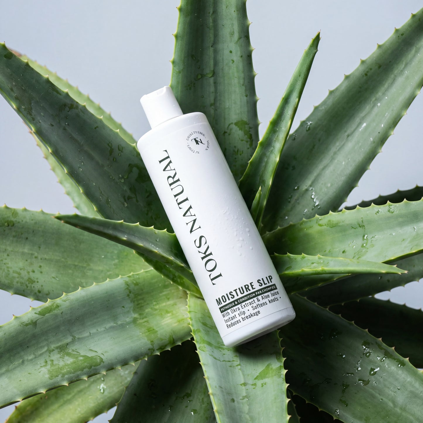 Toks Natural Moisture Slip bottle on a background of green aloe vera leaves