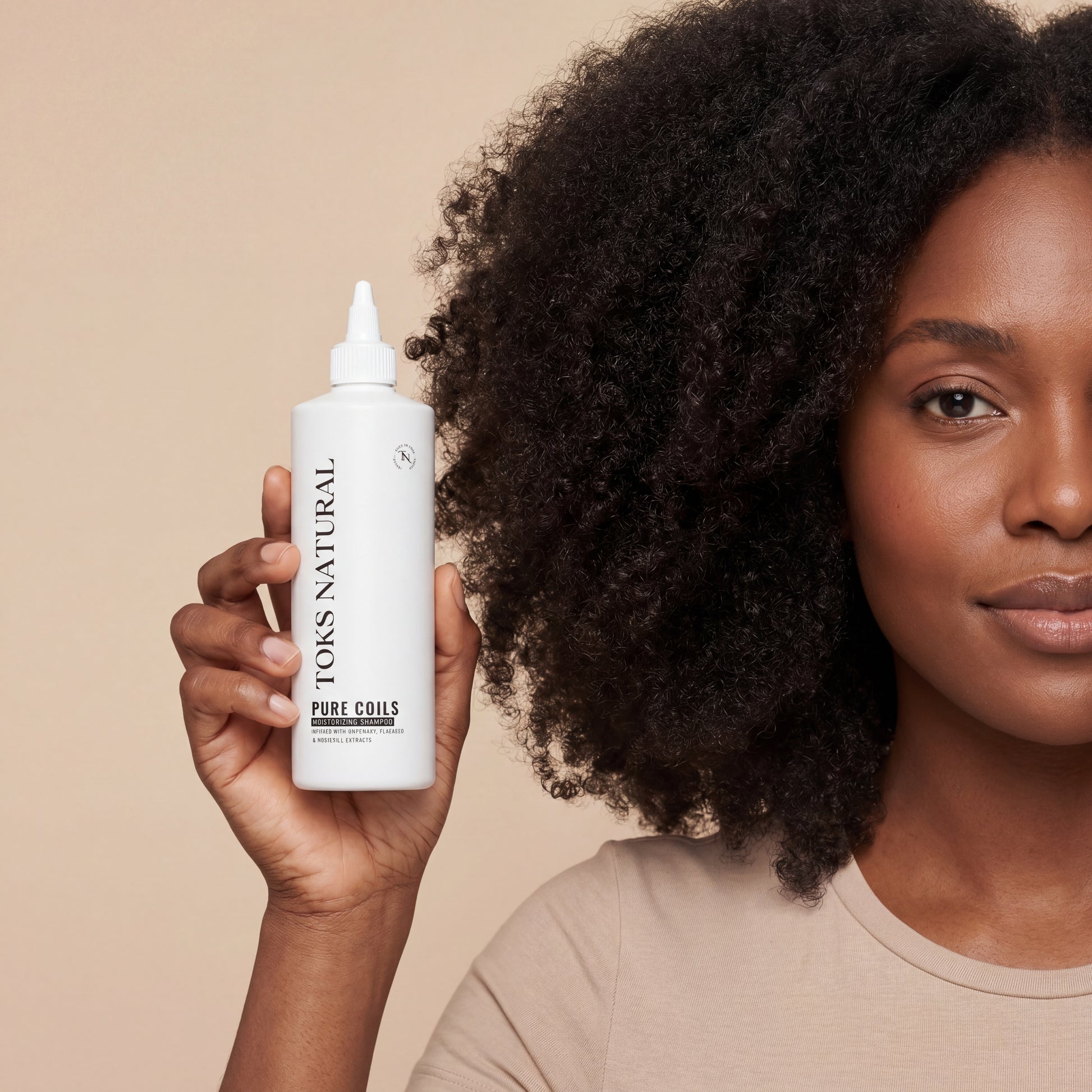 Woman holding a bottle of Tors Natural Pure Coils product against a beige background