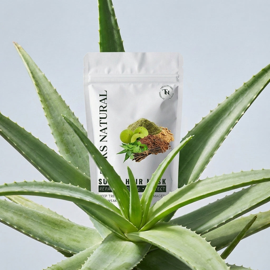 Aloe vera plant with a hair mask packaging in the background