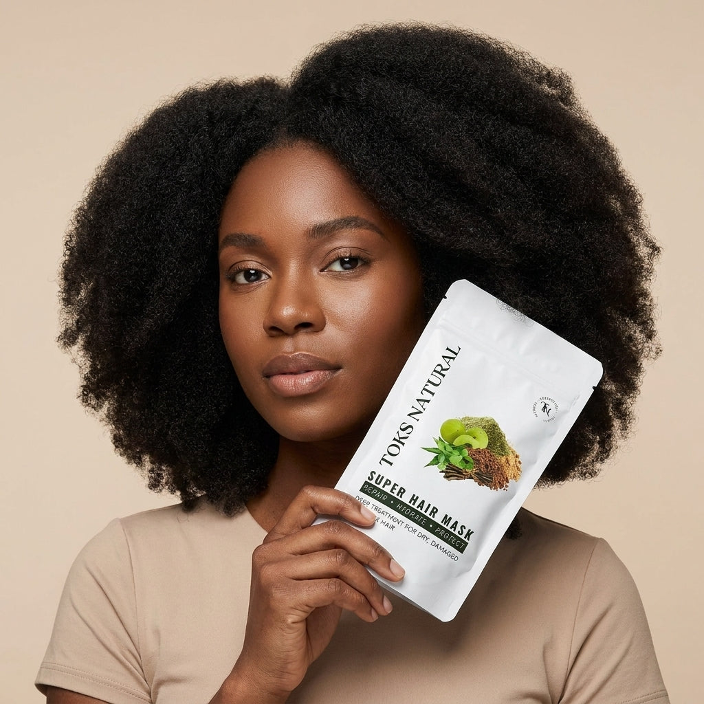 Woman holding a package of Toks Natural Super Hair Mask against a beige background