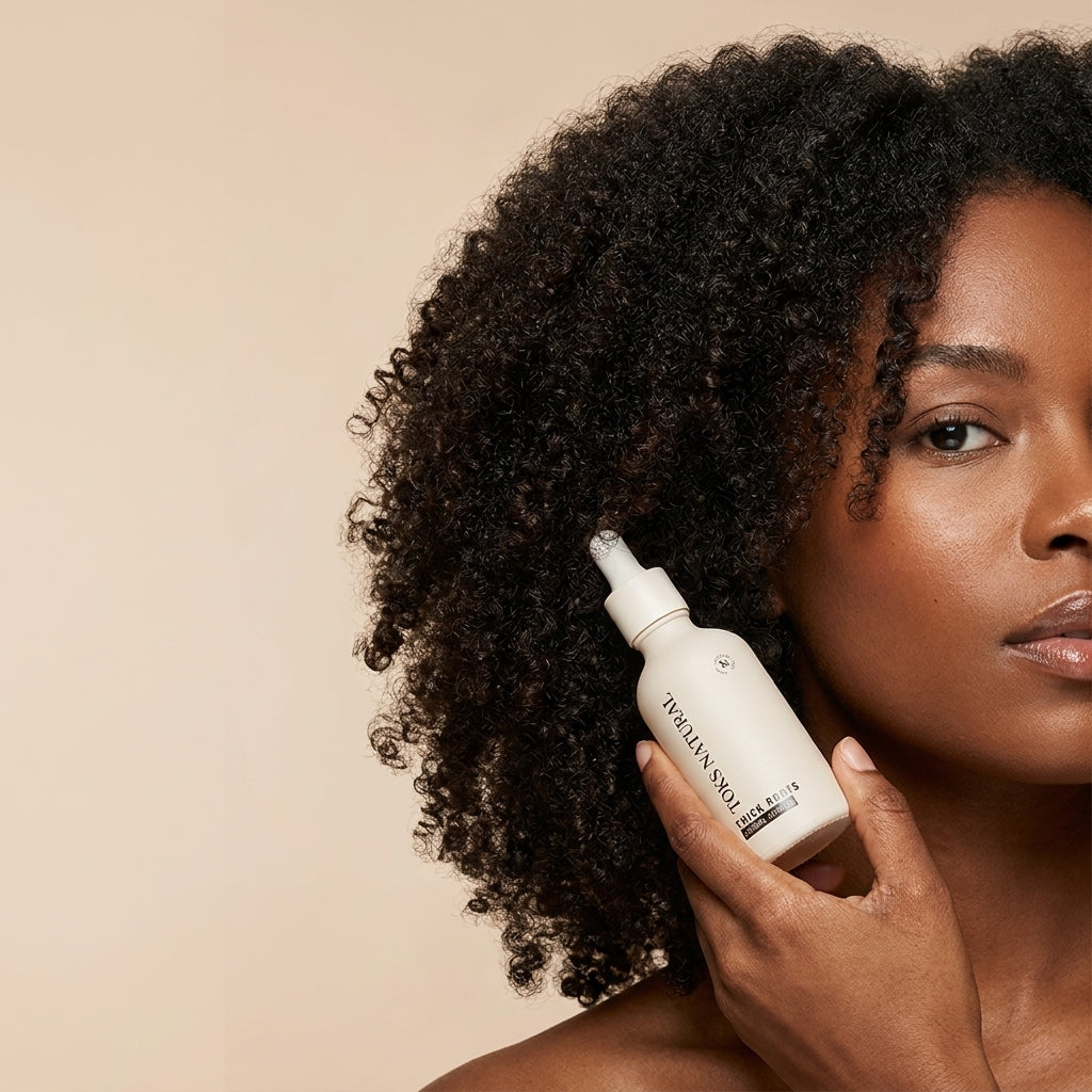 Woman applying a white bottle of hair product to her curly hair against a beige background