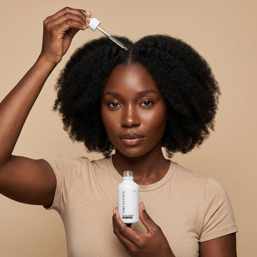 Woman applying hair oil to her afro with a dropper bottle on a beige background