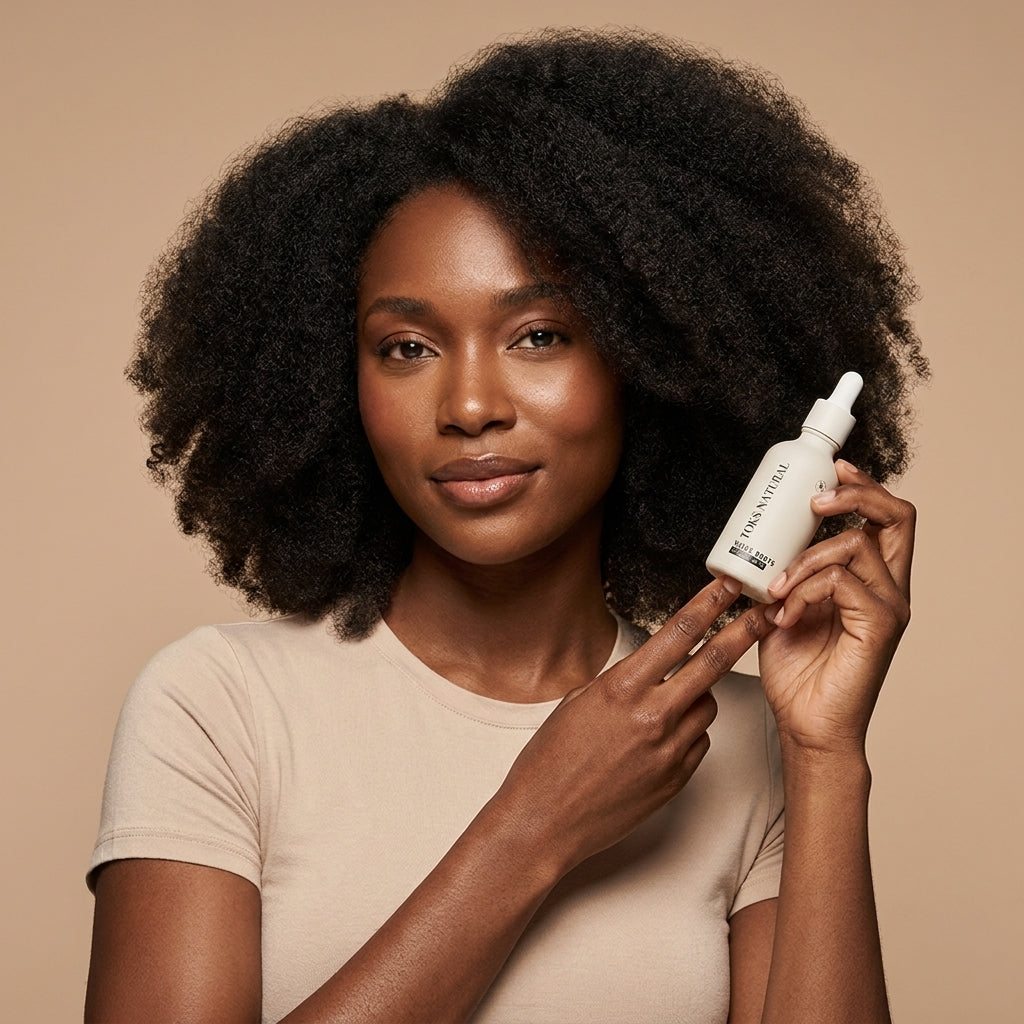 Woman holding a bottle of hair care product against a beige background