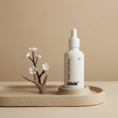 White bottle with dropper labeled 'TOKS NATURAL' on a beige surface with decorative branch and flowers.