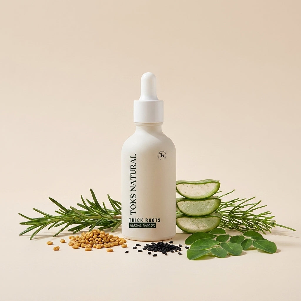 Skincare bottle with natural ingredients on a beige background