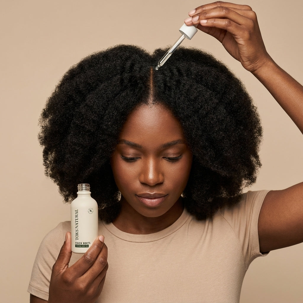 Woman applying hair oil to her hair with a dropper bottle against a beige background
