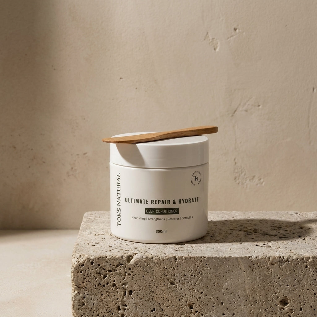White jar with wooden lid on a stone surface against a beige wall