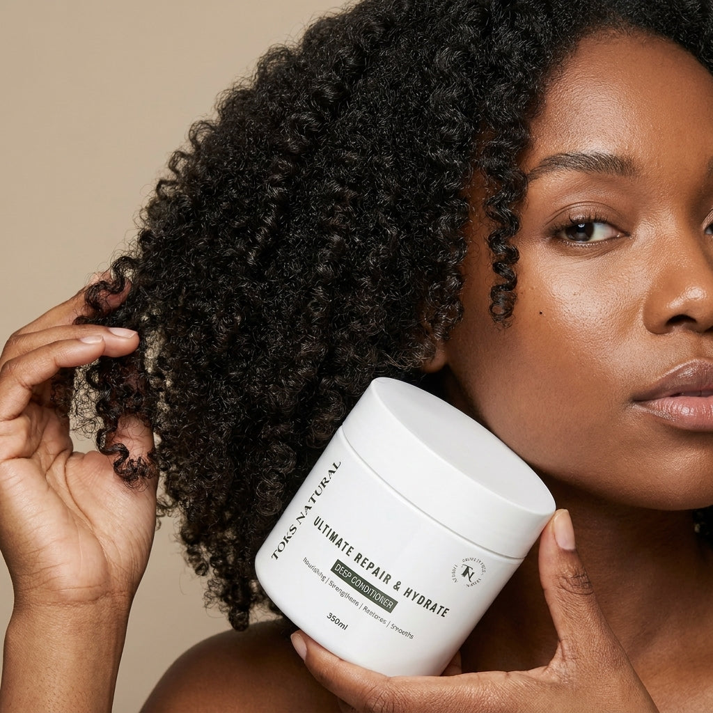 Woman holding a jar of Zora Naturals hair product with her curly hair.