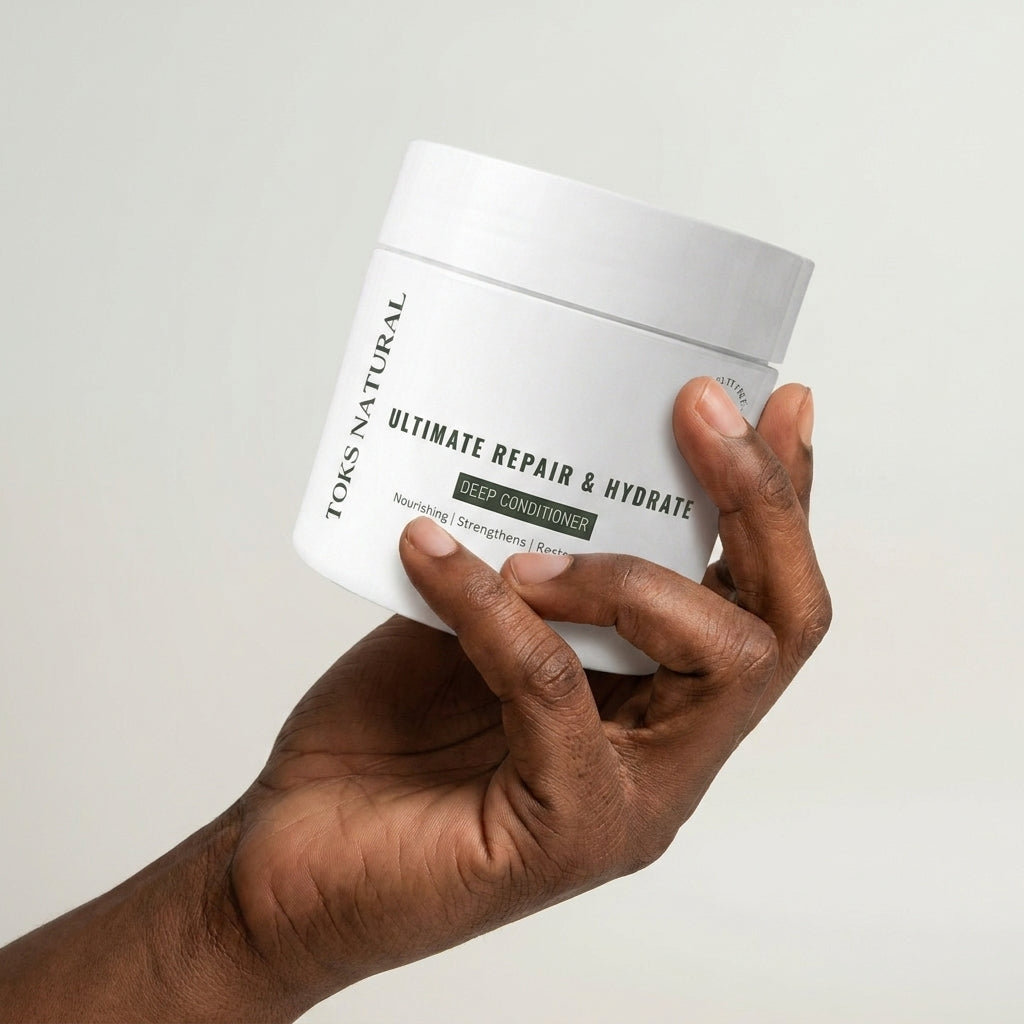 Hand holding a jar of 'Toks Natural Ultimate Repair & Hydrate Deep Conditioner' against a light background