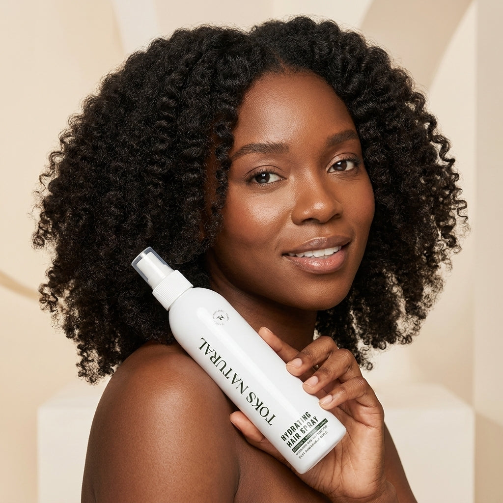 Woman holding a bottle of TOKS NATURAL hair product against a neutral background