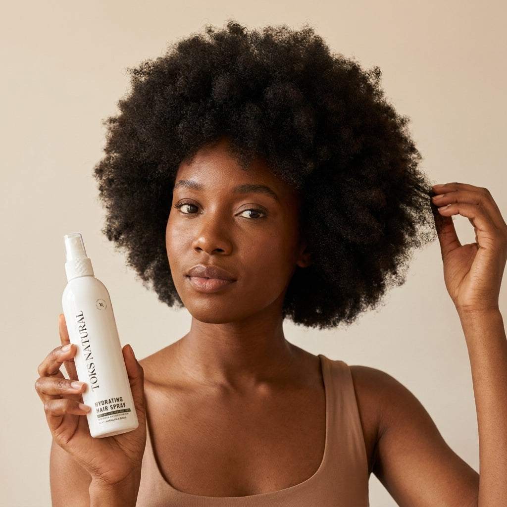 Woman holding a bottle of L'Oreal Paris hair product against a beige background