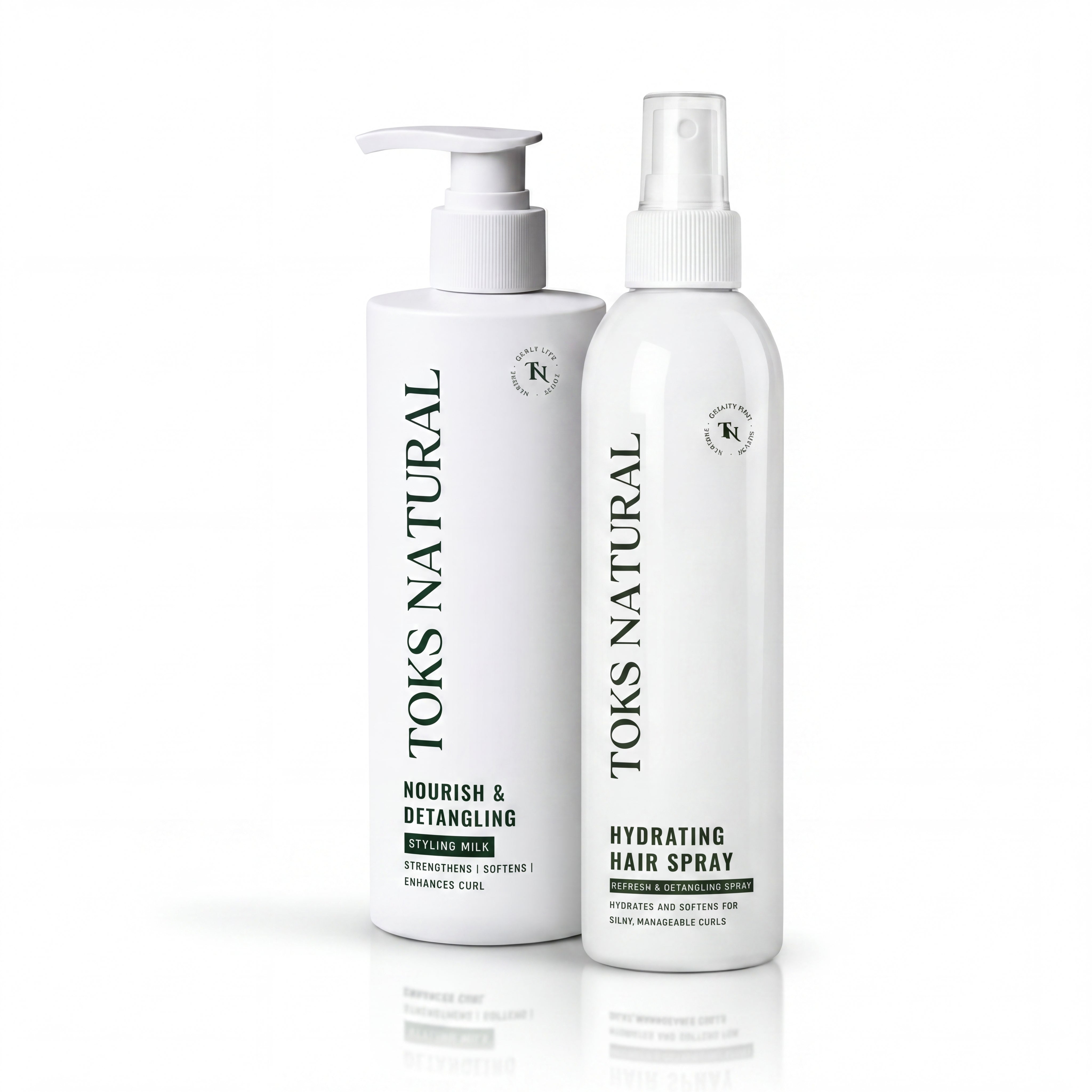 Two white bottles of TOKS NATURAL hair care products on a white background