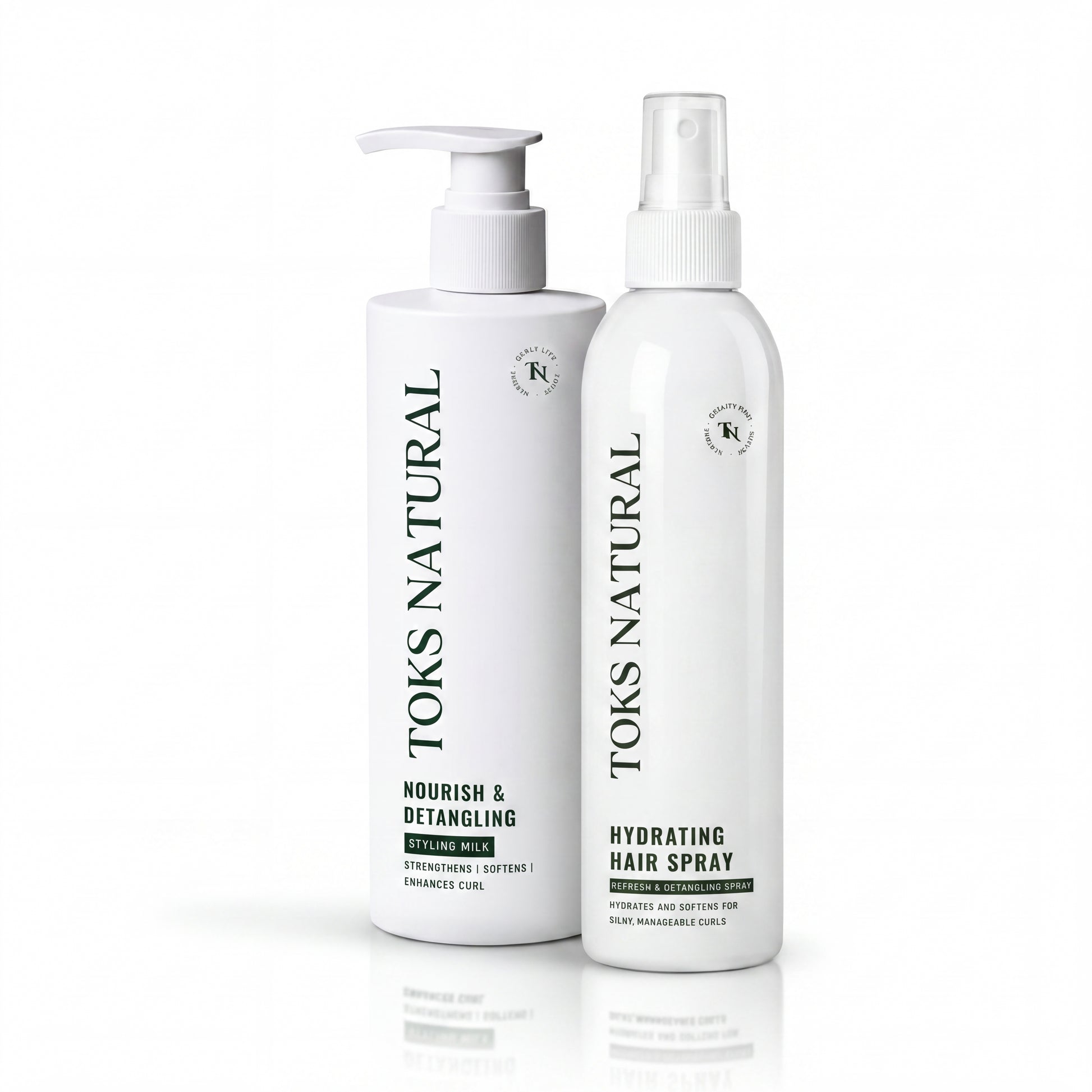 Two white bottles of TOKS NATURAL hair care products on a white background
