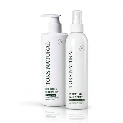 Two white bottles of TOKS NATURAL hair care products on a white background