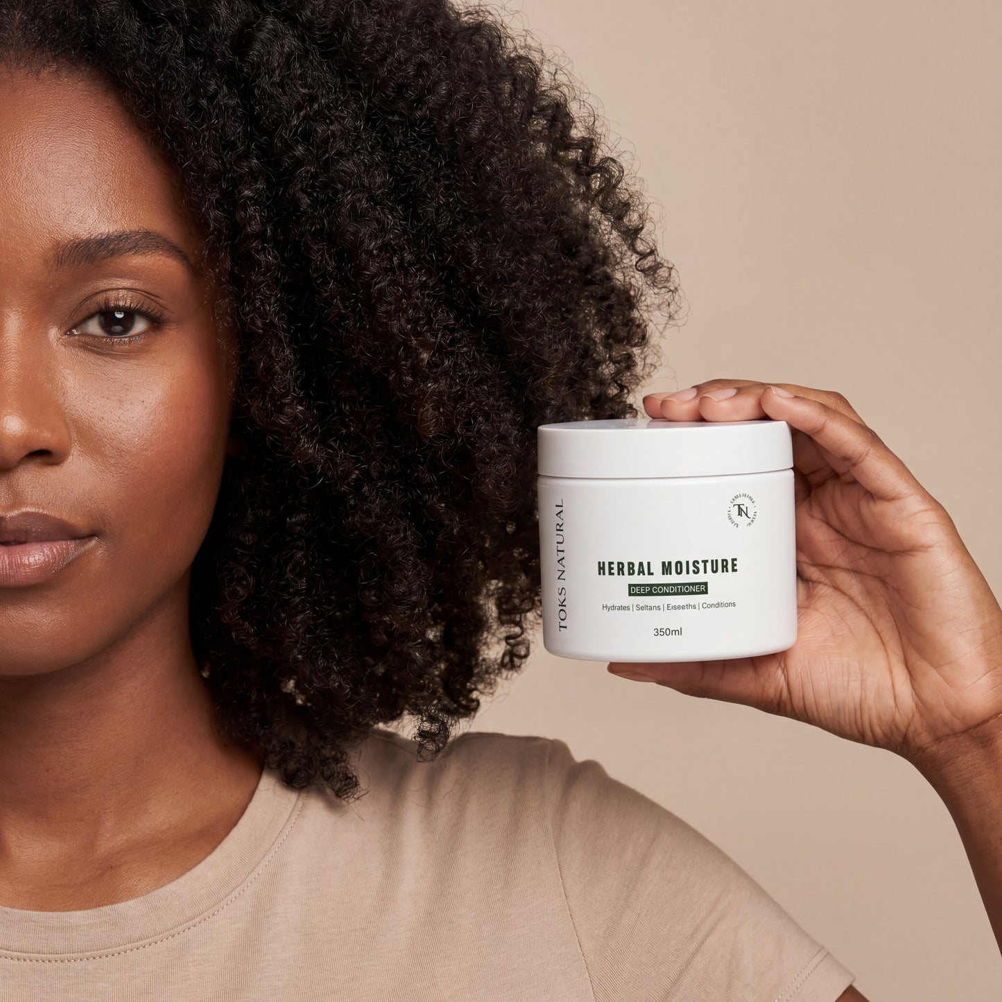 Woman holding a jar of 'Herbal Moisture' product with a neutral background