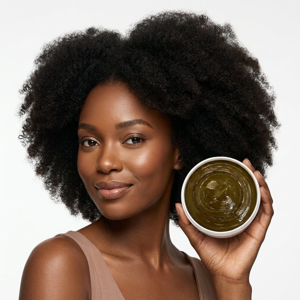 A woman with a large afro hairstyle holds a small white bowl filled with dark olive-green hair mask or conditioner against a clean white background.