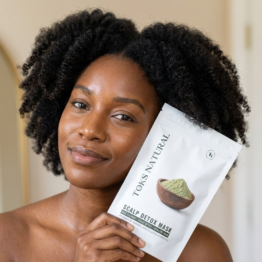 A woman with dark curly hair holds a white stand-up pouch of Tons Natural Scalp Detox Mask in front of her face. The packaging features a photo of green powder in a wooden bowl and text reading 'TONS NATURAL' and 'SCALP DETOX MASK'.