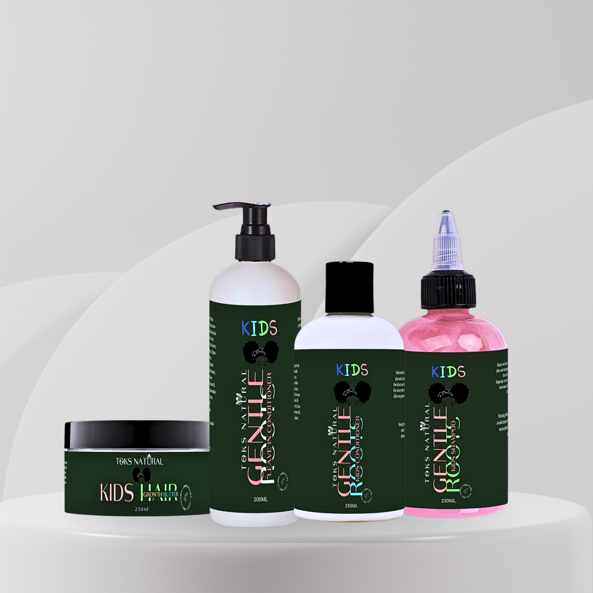 Gentle Roots Kids Hair Growth Bundle featuring shampoo, conditioner, leave-in conditioner, and herbal hair growth butter, handmade for nourishing and growing kids’ hair.