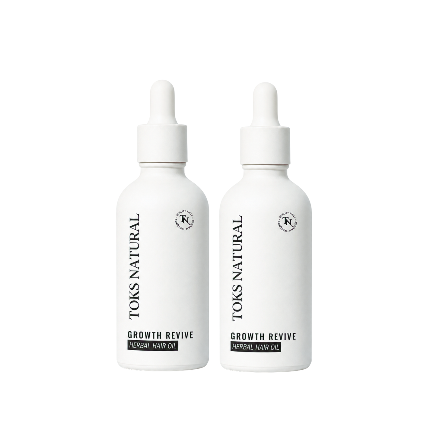 Two bottles of Toks Natural Growth Revive Herbal Hair Oil on a white background