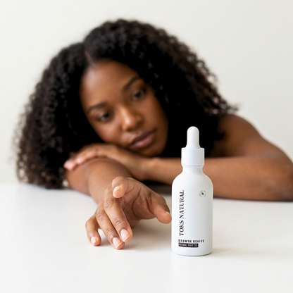Woman with a bottle of Toms Natural hair product on a white surface