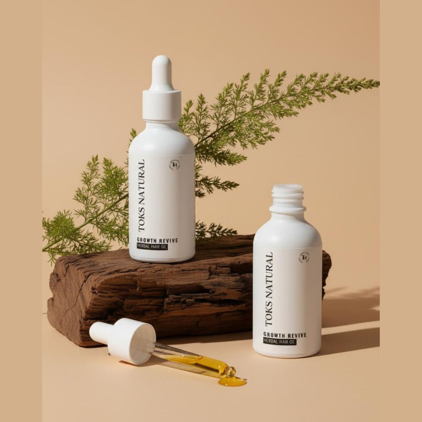 Two white bottles labeled 'TOKS NATURAL' on a wooden surface with a beige background