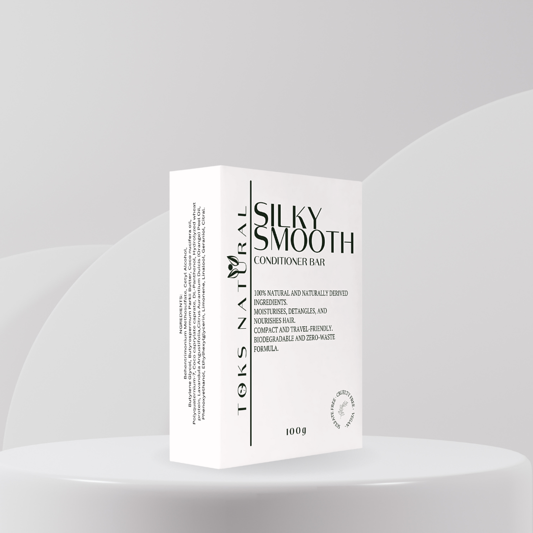 Silky Smooth Hair Conditioning Bar enriched with Shea Butter, Mango Butter, and Hydrolyzed Wheat Protein, designed for hydration, detangling, and frizz control.