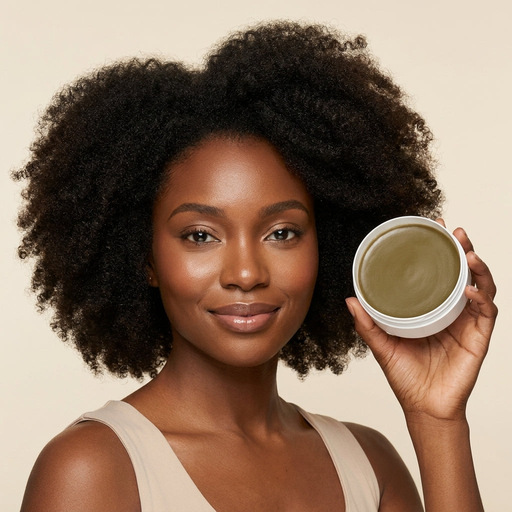 Woman holding a jar of hair care product against a beige background