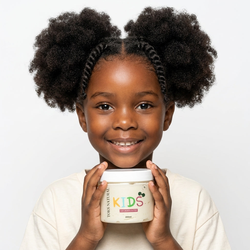 kid wearing a white shirt and holding hair growth butter