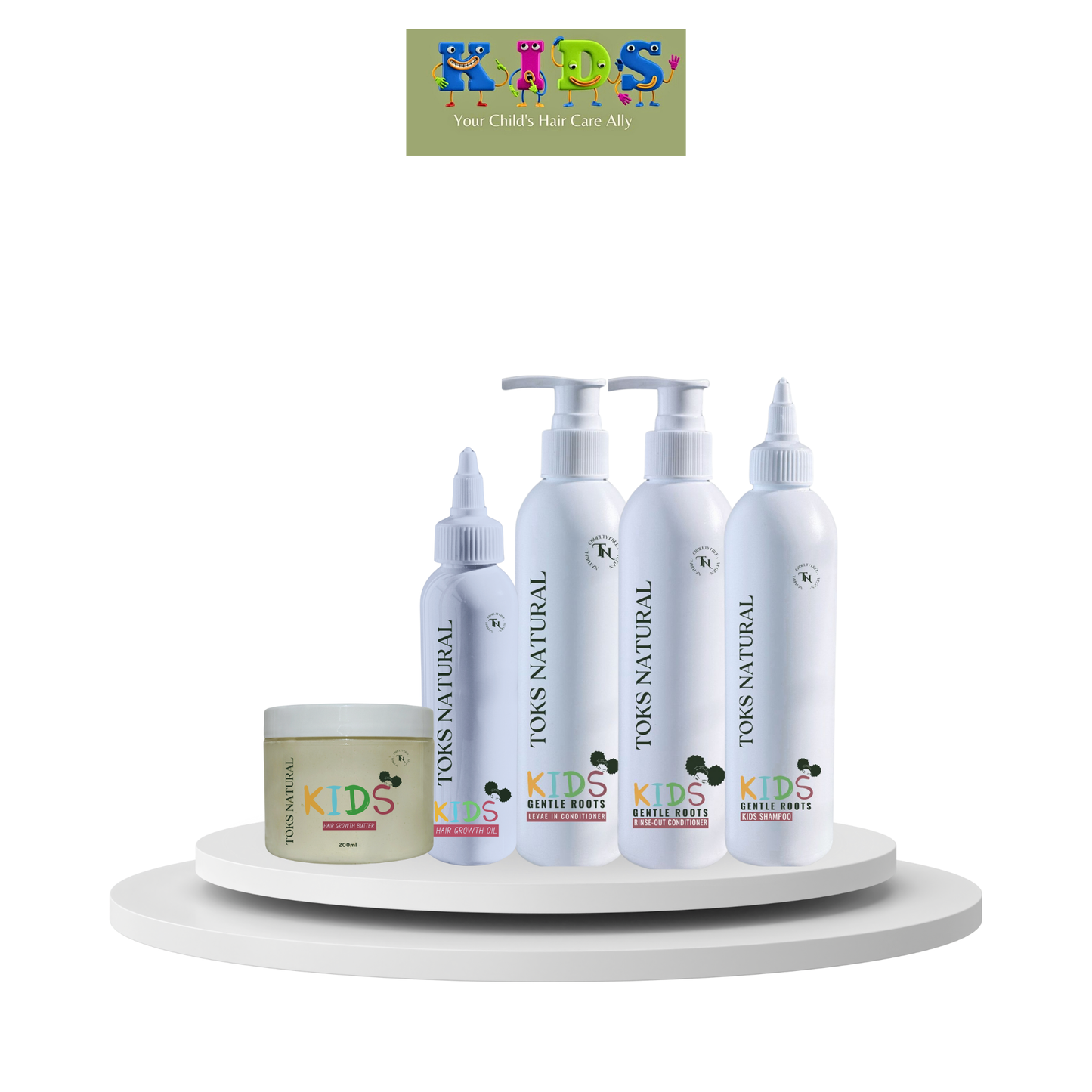 Set of Toks Natural Kids hair care products on a white background with brand logo above.