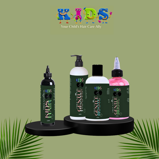 Gentle Roots Kids Essentials Hair Care Bundle with shampoo, rinse-out conditioner, leave-in conditioner, and herbal infused oil, handmade for natural hair care.