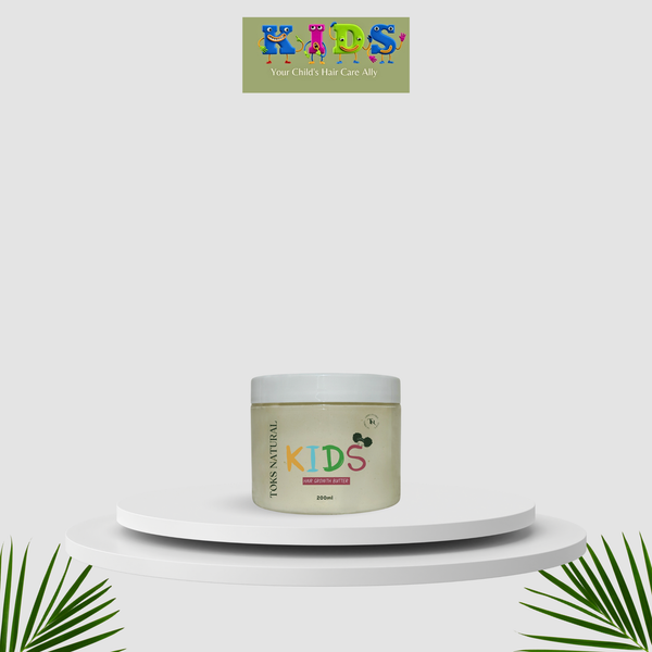 Jar of kids hair care product on a white platform with a branded logo in the corner.