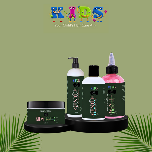 Gentle Roots Kids Hair Growth Bundle featuring shampoo, conditioner, leave-in conditioner, and herbal hair growth butter, handmade for nourishing and growing kids’ hair.