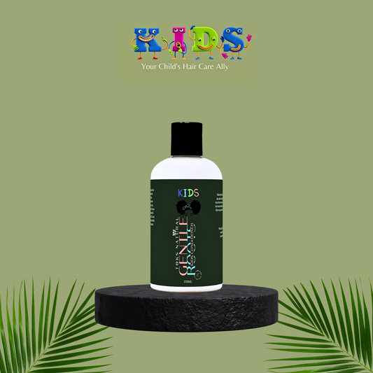 Gentle Roots Kids Rinse-Out Conditioner bottle with natural ingredients like Shea Butter, Aloe Vera, and Almond Oil, handmade to detangle and nourish kids’ hair.