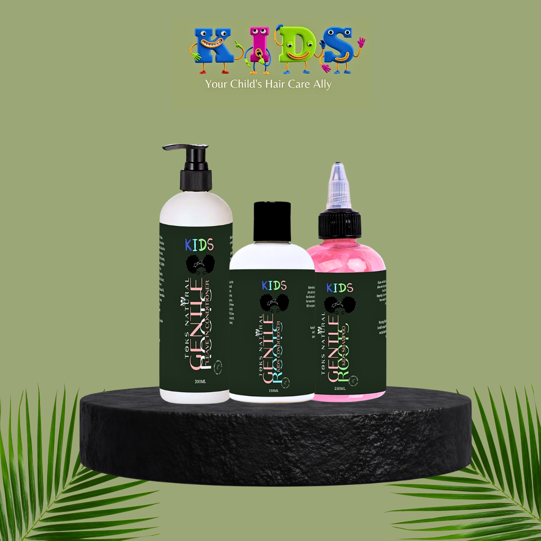 Gentle Roots Kids Basic Care Bundle with shampoo, conditioner, and leave-in conditioner, handmade for natural and gentle kids’ hair care.