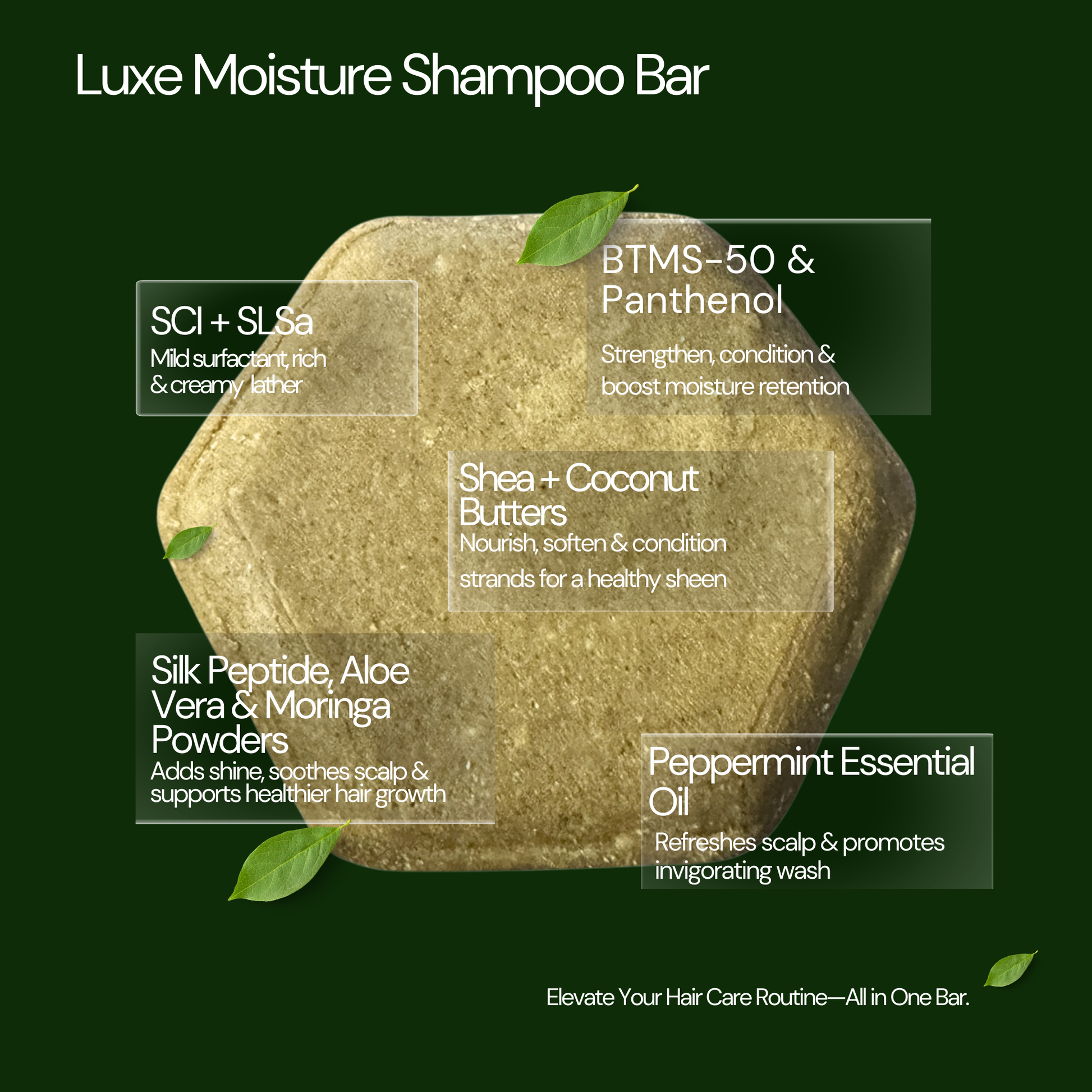 Luxe Moisture Shampoo Bar featuring Shea Butter, Coconut Butter, and Peppermint Essential Oil, designed for gentle cleansing and hydration for all hair types.