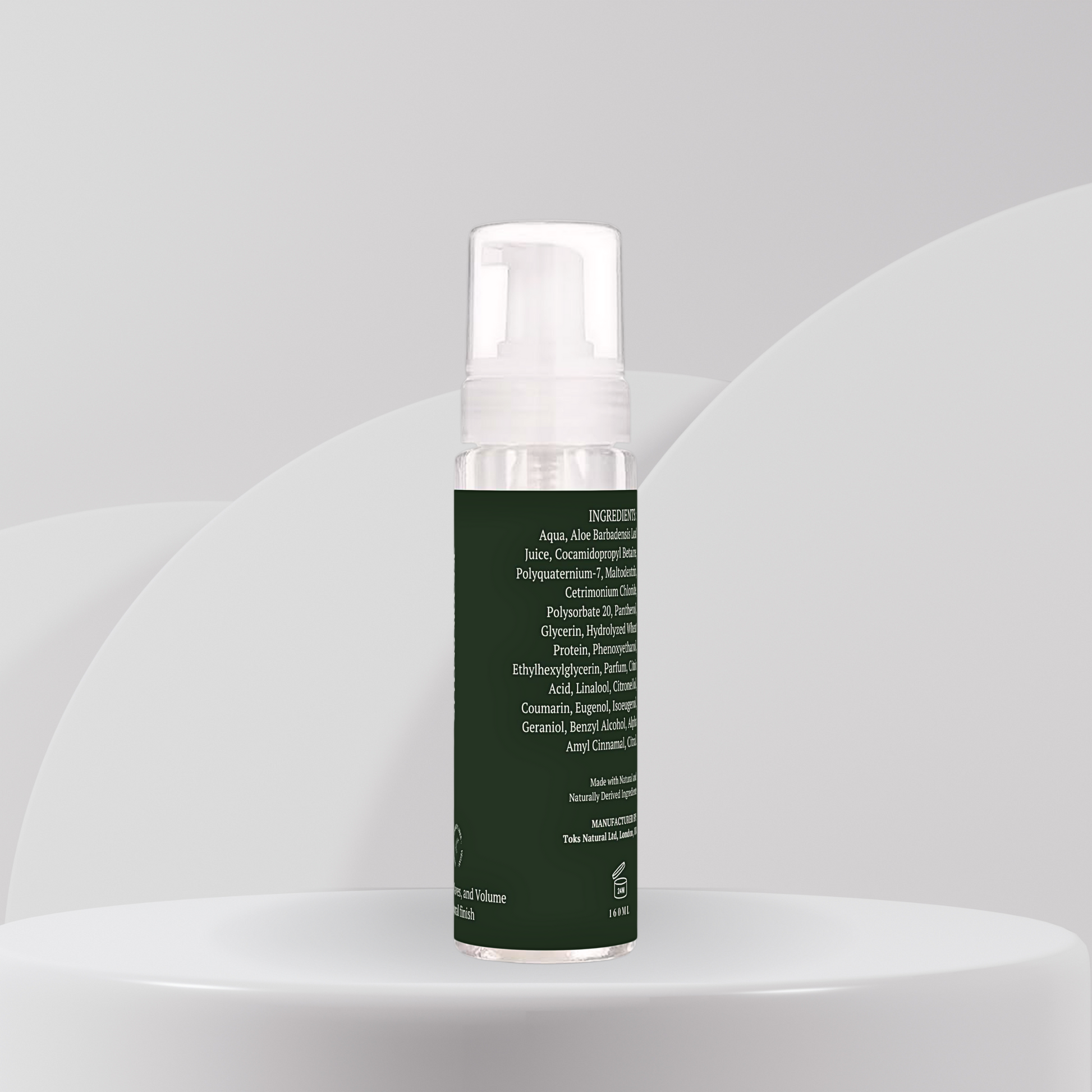 LuxeHold Hair Styling Mousse bottle with Aloe Vera, Hydrolyzed Wheat Protein, and Glycerin, handmade for weightless volume and flexible hold.