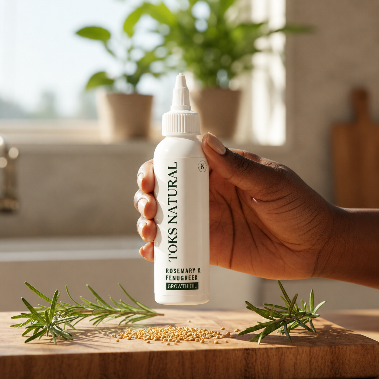 Hand holding a bottle of TOKS Natural hair growth oil with rosemary and fenugreek on a wooden surface.