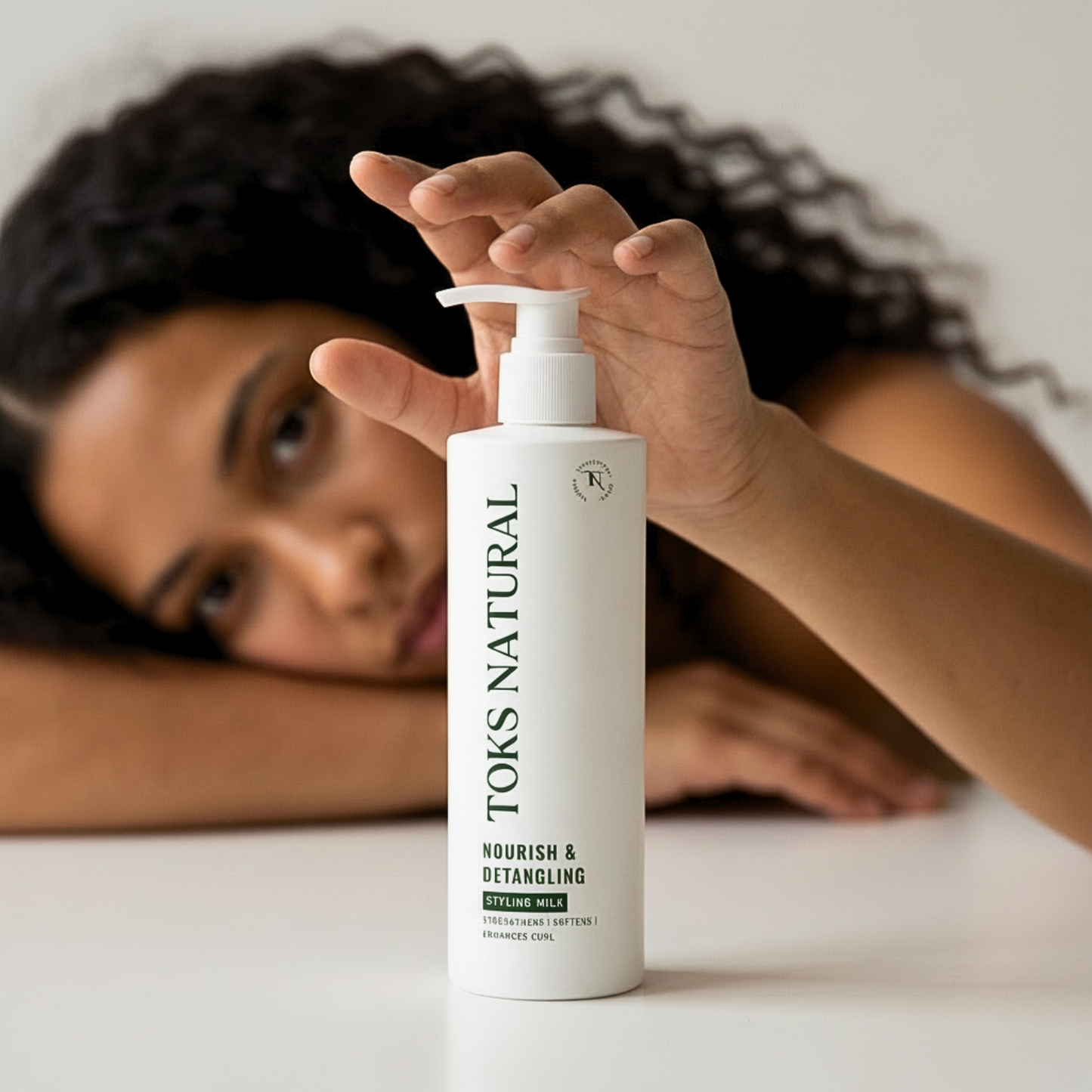 Black woman with long, defined natural curls holding Toks Natural Nourish & Detangling Styling Milk close to her hair against a soft white background.