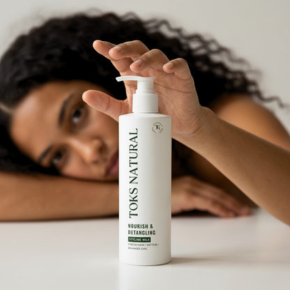 Black woman with long, defined natural curls holding Toks Natural Nourish & Detangling Styling Milk close to her hair against a soft white background.