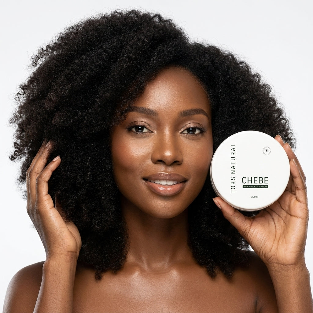 Woman holding a container of Toks Natural Chebe product against a neutral background