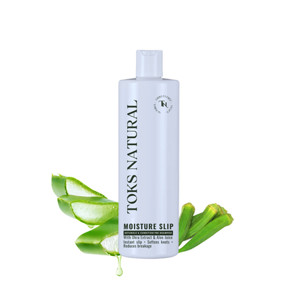 Toks Natural Moisture Slip product with aloe vera leaves on a white background