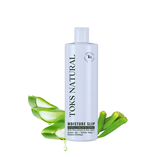 Toks Natural Moisture Slip product with aloe vera leaves on a white background
