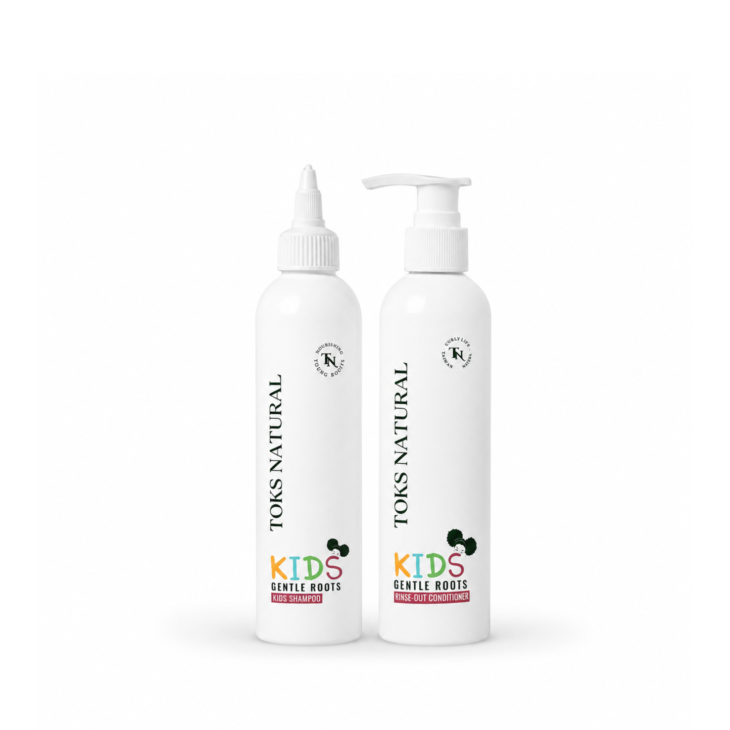 Two bottles of Toks Natural Kids Gentle Roots shampoo and conditioner on a white background