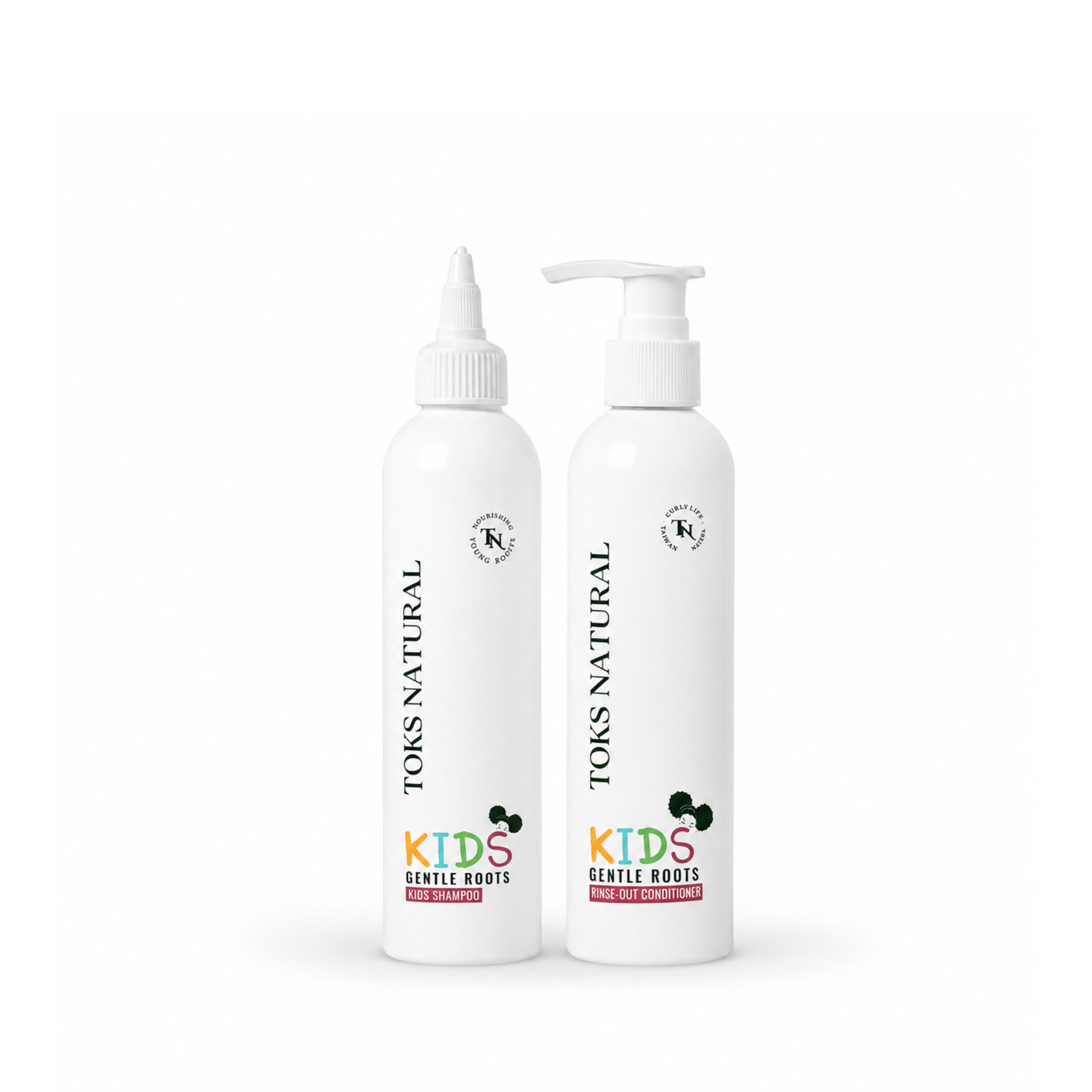 Two bottles of Toks Natural Kids Gentle Roots shampoo and conditioner on a white background