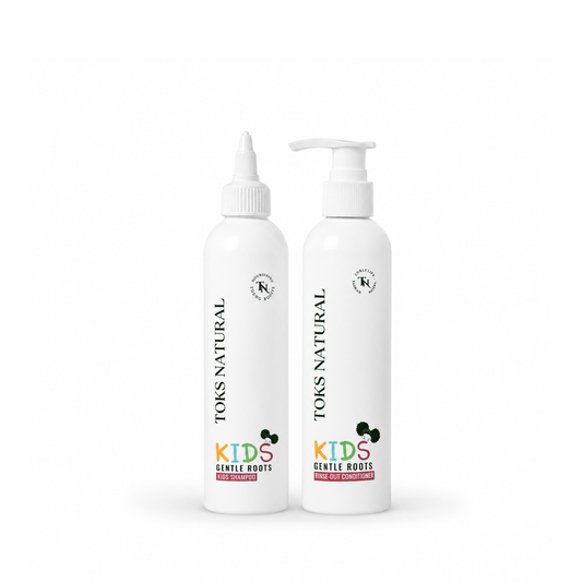 Two bottles of Toks Natural Kids Gentle Roots shampoo and conditioner on a white background