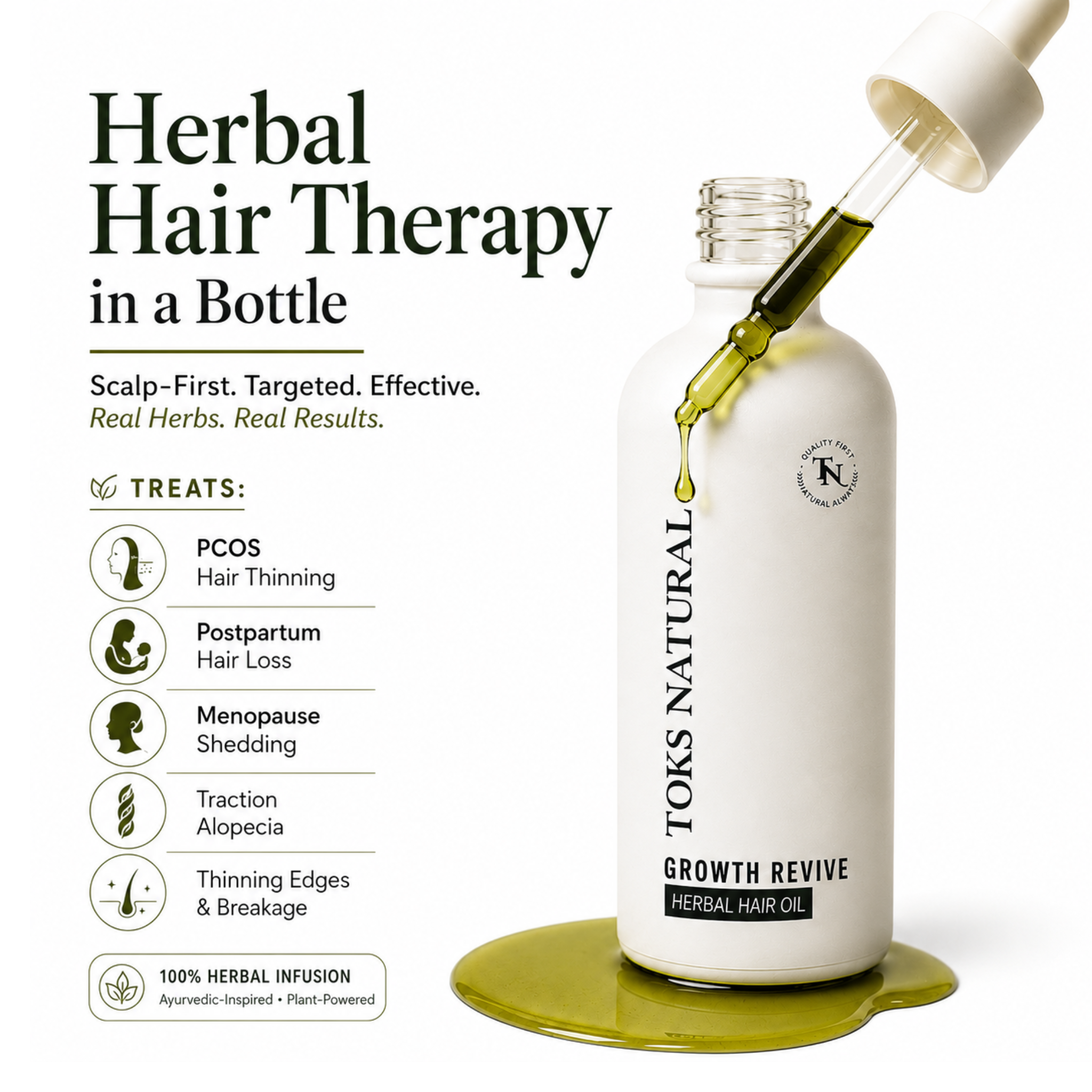 Toks Natural Growth Revive herbal hair oil bottle with dropper on a white background