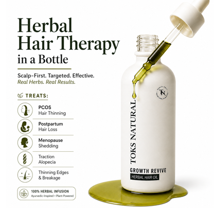 Toks Natural Growth Revive herbal hair oil bottle with dropper on a white background